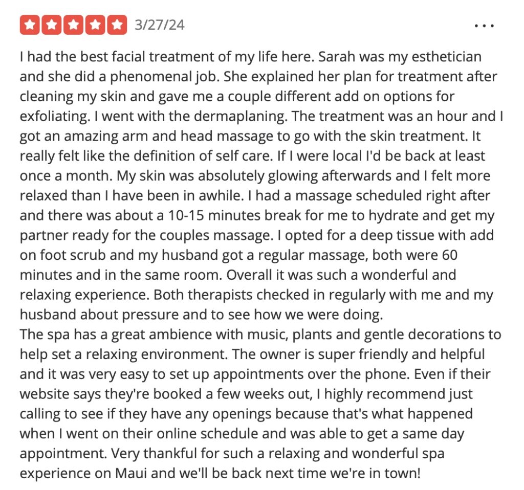 5 star yelp review for Esthetics